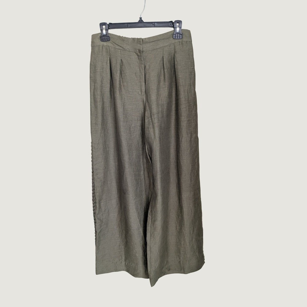 Magaschoni 100% Linen Wide Leg Braided Trim Pants Olive Green Size Medium
